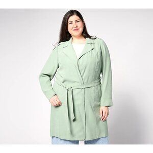 BEAUTIFUL Lawrence Zarian Trench Coat Size Large Regular Drapey Belted Green NEW